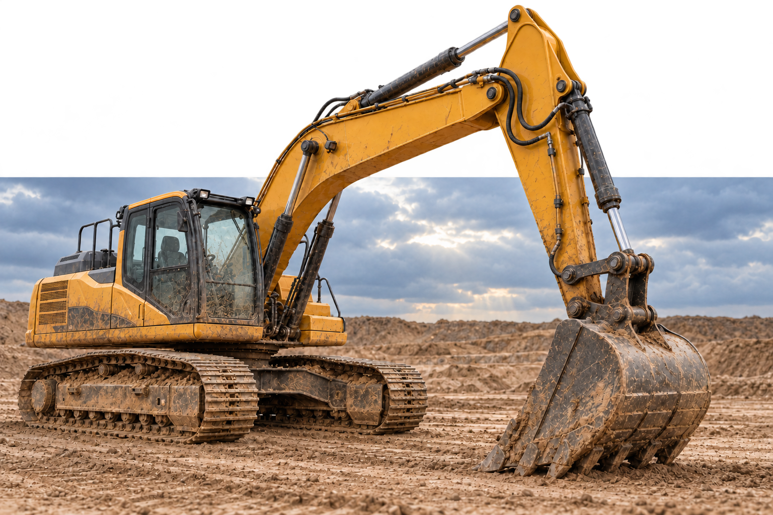 Generated concept of a working excavator on a dirt site, with a muddy bucket in the right foreground and the raised boom crossing the image boundary